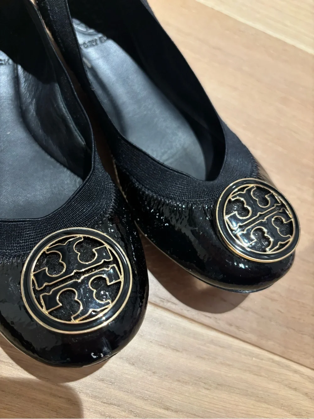 Tory Burch Black Patent Logo Medallion Flats